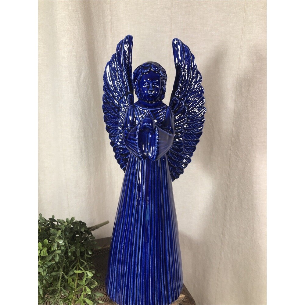 Vintage Ceramic Praying Angel Candle Holder 13” Cobalt Blue Glaze Taper Candle